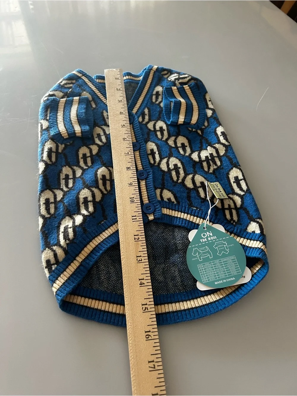 NWT On The Roll Luxury Monogram Dog Cardigan Sweater - Blue/Cream - Size Large